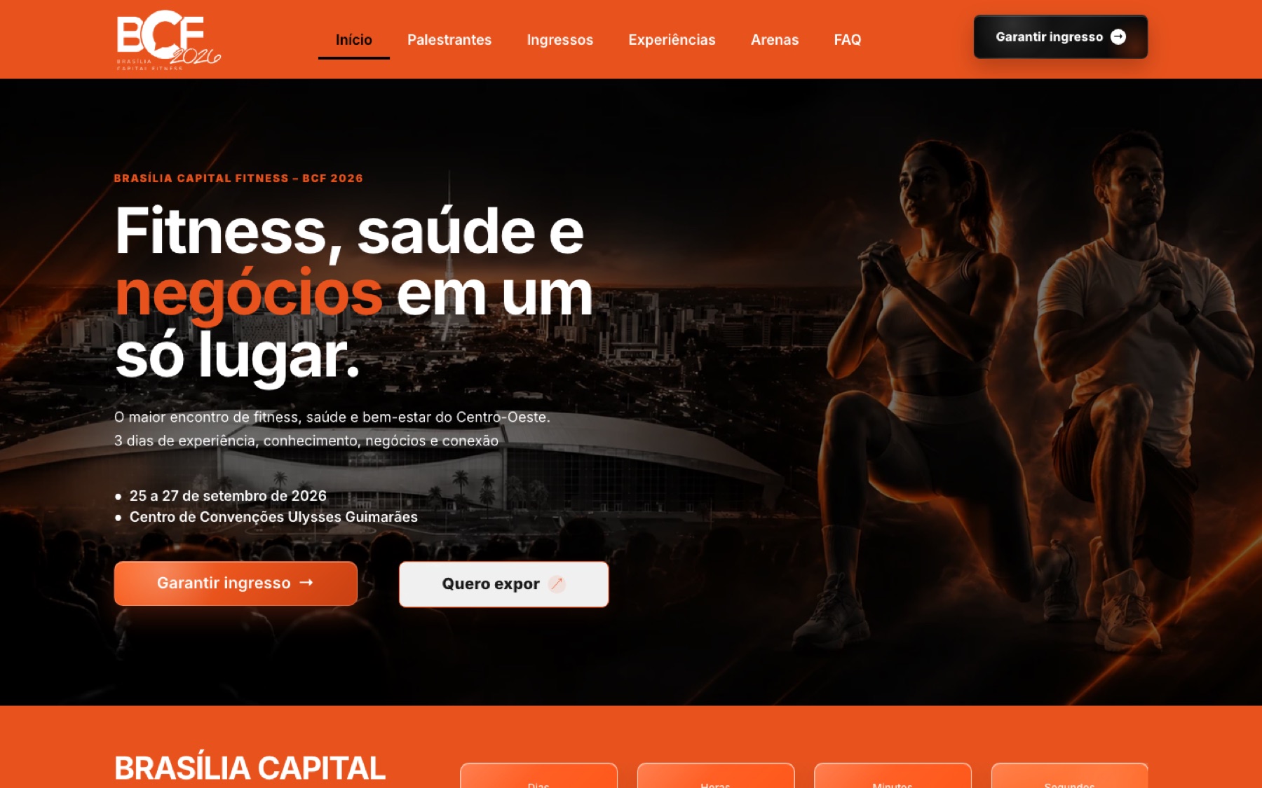 Página inicial do Brasília Capital Fitness 2026 com informações do evento e chamadas para ingressos e expositores
